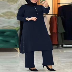 아랍 여성 Eid 이슬람 두 조각 세트 블라우스 & 넓은 다리 바지 Musulman 앙상블 벨트 싱글 버튼 셔츠 라마단 겸손한 의류