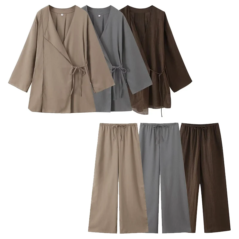 Willshela 여성 패션 2 조각 세트 솔리드 레이스 업 셔츠 & 빈티지 탄성 허리 바지 Feamle Chic Lady Pants Set