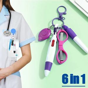 6in1 다기능 개폐식 볼펜 세트 손전등 접이식 가위 볼펜 키 체인 간호사 펜 영구 마커