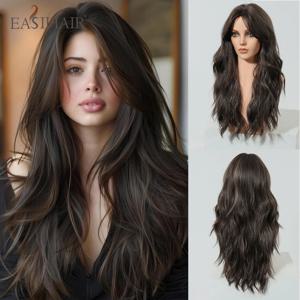 EASIHAIR 긴 물결 모양의 갈색 합성 가발 여성용 다크 브라운 가발 사이드 뱅 포함 일상 사용을 위한 천연 헤어 내열성 가발