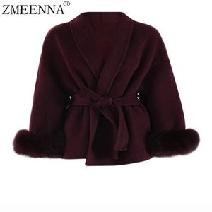 ZMEENNA 와인 레드 모피 커프 빅 사이즈 벨트 모직 코트 새로운 옷깃 긴 소매 여성 자켓 패션 조수 가을 겨울 2024 ZM561