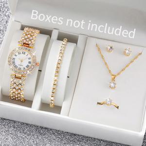 6PCS 럭셔리 라인 석 여성 시계 패션 로마 다이얼 팔찌 손목 시계 쥬얼리 세트 Relogio Feminino (상자 제외)