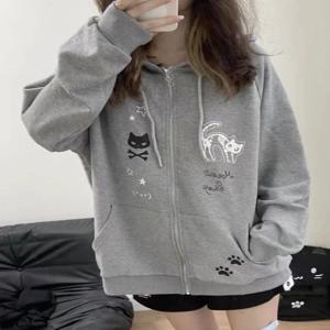 HOUZHOU Kawaii 달콤한 고딕 후드 여성 일본식 Y2k 하라주쿠 귀여운 만화 프린트 지퍼 후드 루즈 스웨트 2024
