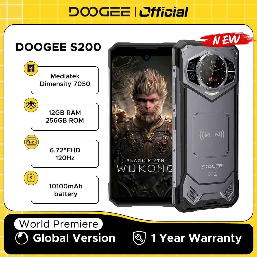DOOGEE S200 5G 견고한 휴대폰, 6.72 인치 120Hz 디스플레이, 12GB RAM, 256GB ROM, 100MP AI 메인 카메라, 10100mAh, 안드로이드 14 NFC, 월드 프리미어