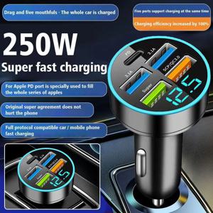 250W PD 차량용 충전기 5 포트 고속 충전 PD QC 3.0 USB C 차량용 빠른 충전기 Type-C 어댑터(자동차용 iPhone용) ﻿
