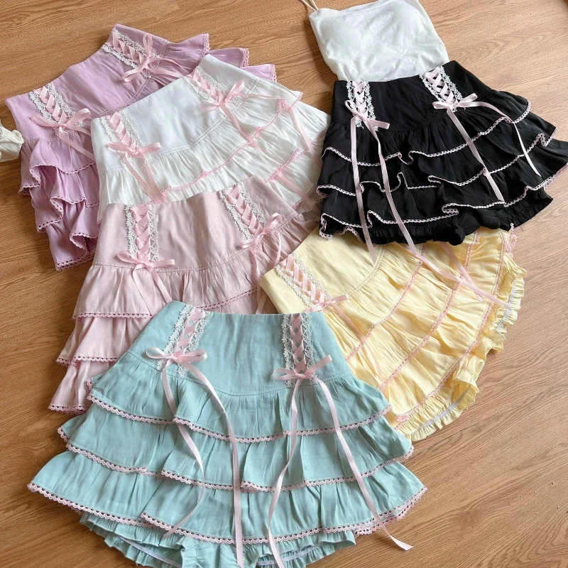 일본 카와이 로리타 스타일 플리츠 스커트 여성 하이 웨스트 핑크 붕대 요정 Y2k 미적 스커트 귀여운 Faldas Mujer Moda 2024