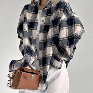 코튼 격자 무늬 긴팔 셔츠, 루즈한 캐주얼 패션, 레이지 스타일, 대형 격자 무늬 셔츠, 통근 코트, 2024, 가을 신상