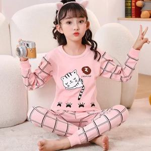 여자 잠옷 세트 2 ~ 3 4 5 6 7 8 9 10 11 12 13 14 년 면 100 유아 어린이 Pijamas 긴 소매 귀여운 잠옷 핑크 고양이 Pjs