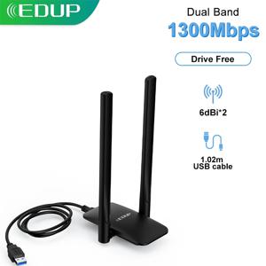 EDUP 1300Mbps USB WiFi 어댑터 USB 케이블이있는 2.4G 및 5.8G 무선 네트워크 카드 2*6dBi 안테나 드라이브 무료 Lan 이더넷 USB 어댑터