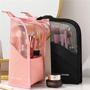 메이크업 브러쉬 케이스 메이크업 브러쉬 홀더 여행용 방수 화장품 가방 지퍼가 달린 스탠드업 접이식 메이크업 컵(블랙 + 핑크)