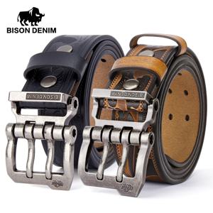 2024 BISON DENIM 남성 벨트 암소 분할 정품 가죽 핀 버클 비즈니스 허리 스트랩 레트로 핀 버클 청바지에 대한 멋진 남성 벨트