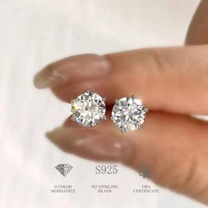 DW D 컬러 브릴리언트 라운드 컷 랩 Moissanite 다이아 스터드 귀걸이 여성용 Sterg Sier 골드 도금 웨딩 쥬얼리