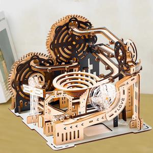 3D 나무 퍼즐 대리석 실행 세트 DIY 조립 건물 모델 키트 성인 어린이를위한 증기 엔진 교육 장난감 생일 선물