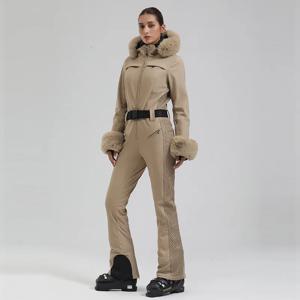 GSOU SNOW 스키 복 여성 원피스 Snowsuit 슬림 스키 점프 슈트 가짜 모피 스노우 보드 방수 방풍 절연 따뜻한 후드