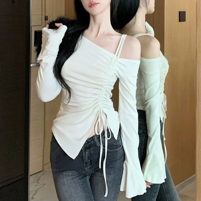 패션 섹시한 달콤한 섹시한 Drawstring 코튼 오프 어깨 탑 여성 기본 긴 소매 바디 티셔츠 우아한 플레어 슬리브 레이디 티셔츠