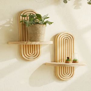 1Pc Boho 스타일 나무 벽 선반 - 기하학적 벽걸이 선반, 천연 목재 마감, 현대적인 가정 장식, 식물 장식