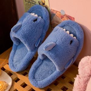 Comwarm 가을, 겨울 만화 상어 양모 슬리퍼 여성을위한 소프트 홈 남성 실내 가정용 오픈 발가락 플러시 코튼 슬리퍼
