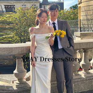 XPAY 우아한 오프 숄더 웨딩 영수증 드레스 한국 사진 촬영 실크 새틴 바닥 신부 가운 코르셋 뒤로 간단한 맞춤형