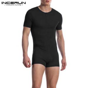 INCERUN 남성 잠옷 Rompers 솔리드 ​​반소매 V 넥 지퍼 피트니스 레저 Homewear Playsuits Cozy 2023 Jumpsuit Sleepwear