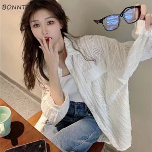 여성용 턴다운 칼라 셔츠, 루즈한 한국 스타일, 레저 할로우 아웃 디자인, 긴팔 포켓, 단색, 심플한 사무실 여성 디자인