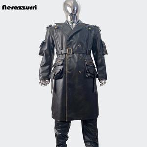 Nerazzurri 봄 가을 멋진 긴 방수 고민 된 블랙 Pu 가죽 트렌치 코트 남성 벨트 포켓 럭셔리 디자이너 의류
