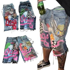 고딕 펑크 해골 편지 패턴 패치 워크 반바지 남자 Y2k streetwear 바지 힙합 패션 데님 반바지 여름 새로운 핫 세일