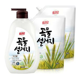 트리오 곡물설거지 우리밀 주방세제 용기 750ml+리필 1.2LX2개