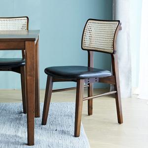 [리퍼]한스 원목 라탄 카페 식탁의자 (가죽방석) 2colors