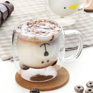 귀여운 동물 캐릭터 이중 내열유리 손잡이컵  곰돌이, 고양이,오리,토끼 택일