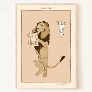 책 읽는 사자와 아기양 빈티지 동물 그림 독서 포스터 액자