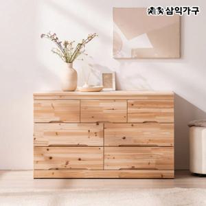 우디 3단 삼나무 원목 와이드 서랍장