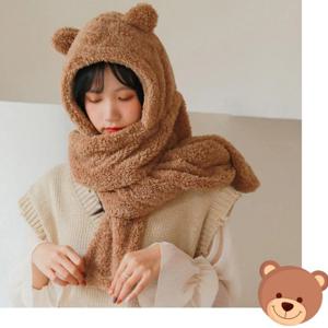 귀여운 곰돌이 후드목돌이 머플러 2color 뽀글이 양털 모자
