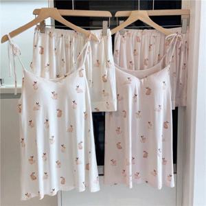 캡내장 미니 토끼 여름 끈나시 파자마 세트 2color