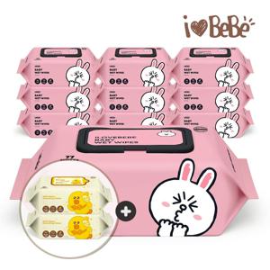 라인프렌즈 코니 레이온100% 75g 77매 10팩 캡형+휴대용 2팩 아기물티슈