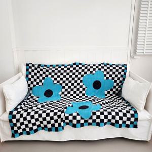 체크속블루플라워 아트  모티브 블랭킷 feather yarn 담요/소파커버