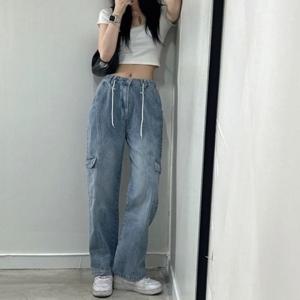카고 워싱 데님 스트링 밴딩 청 팬츠 연청바지 여자 여성 스트링팬츠 밴딩청바지 카고청바지