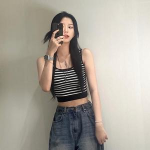 단가라 크롭 스트라이프 민소매니트 크롭티셔츠 여성 골지 민소매 나시 슬리브리스 크롭나시