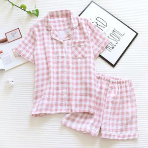 체크 하트 파자마 파티 잠옷세트 여성 홈웨어 반팔 반바지 면 지지미 여름 상의 하의 잠옷