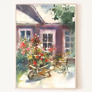 꽃이 있는 수레 정원 풍경 포스터