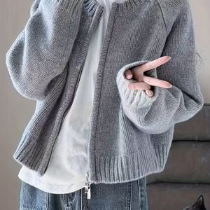 TEMU 여성용 캐주얼 지퍼업 가디건 스웨터 - 부드러운 스트레치 라운드넥 소매, 루즈핏 코지 가을 겨울 레이어링 피스, 솔리드 컬러 쉬운 관리, 귀여운 스웨터, 다용도 아우터웨어, 고탄력 니트웨어