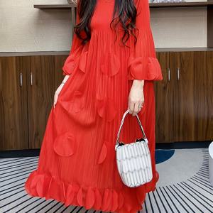 TEMU 여성용 플러스 사이즈 레드 러플 맥시 드레스 - 긴 소매, 폴리에스터, A라인, 올시즌, 가을 & 겨울 패션, 가을 패션 | 러플 디테일 | 폴리에스터 드레스