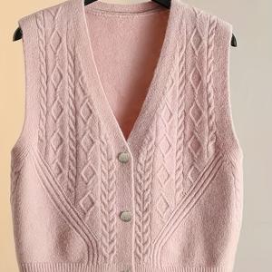 TEMU 우아한 V넥 Sleeveless 니트 가디건 - 폴리에스터, 오버사이즈, 단색, 봄/여름, 버튼 디테일, 니트 원단