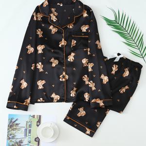 TEMU 곰 프린트 긴팔 긴바지 청소년 파자마 세트