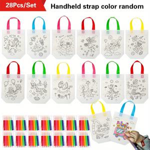TEMU 28개 DIY 색칠 토트 백 세트, 재사용 가능한 부직포 쇼핑백, 마커 포함, 카니발 동물 미술 파티 선물, 할로윈, 부활절, 크리스마스 및 새해 선물 포장 및 보관, 선물 포장 보관