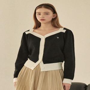 [44-120]  Petal Wool Line Cardigan Black 페탈 울 라인 가디건 블랙 (가을/데일리룩/출근룩/오피스룩/하객룩/격식룩/데이트룩/배색/하트넥/세미크롭/페미닌룩/빅사이즈/자체제작)