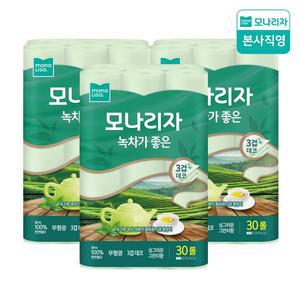 [모나리자] 녹차가좋은 30m30롤 3팩 천연펄프 화장지 (총90롤) 보성 유기농 녹차성분 함유