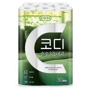 코디 순수 3겹데코 30m 30롤 1팩,두루마리 롤휴지 화장지