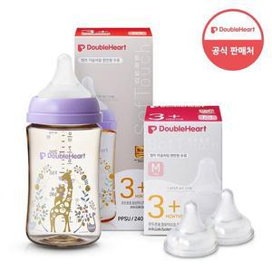 [더블하트] 모유실감 3세대 PPSU 젖병 싱글 240ml  블루밍가든 (젖꼭지M포함) +3세대 젖꼭지 2입x1개 (M)