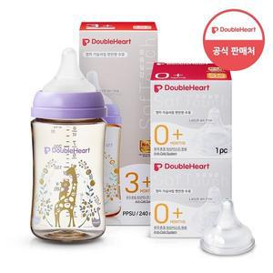 [더블하트] 모유실감 3세대 PPSU 젖병 싱글 240ml  블루밍가든 (젖꼭지M포함) +3세대 젖꼭지 1입x2개 (SS)