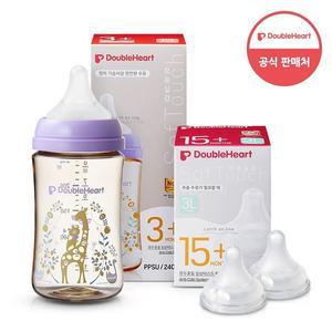 [더블하트] 모유실감 3세대 PPSU 젖병 싱글 240ml  블루밍가든 (젖꼭지M포함) +3세대 젖꼭지 2입x1개 (3L)